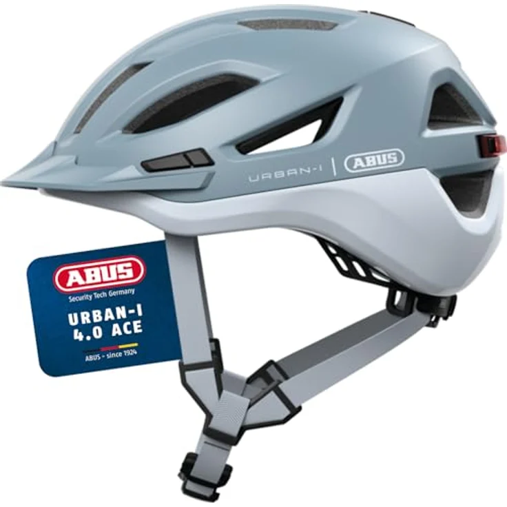 ABUS Stadthelm Urban-I 4.0 ACE, Fahrradhelm mit aufladbarem Rücklicht, 4 Leuchtmodi, Schirm, Zopf-Öffnung, magnetischem Verschluss, Größe L, blau – Bild 1