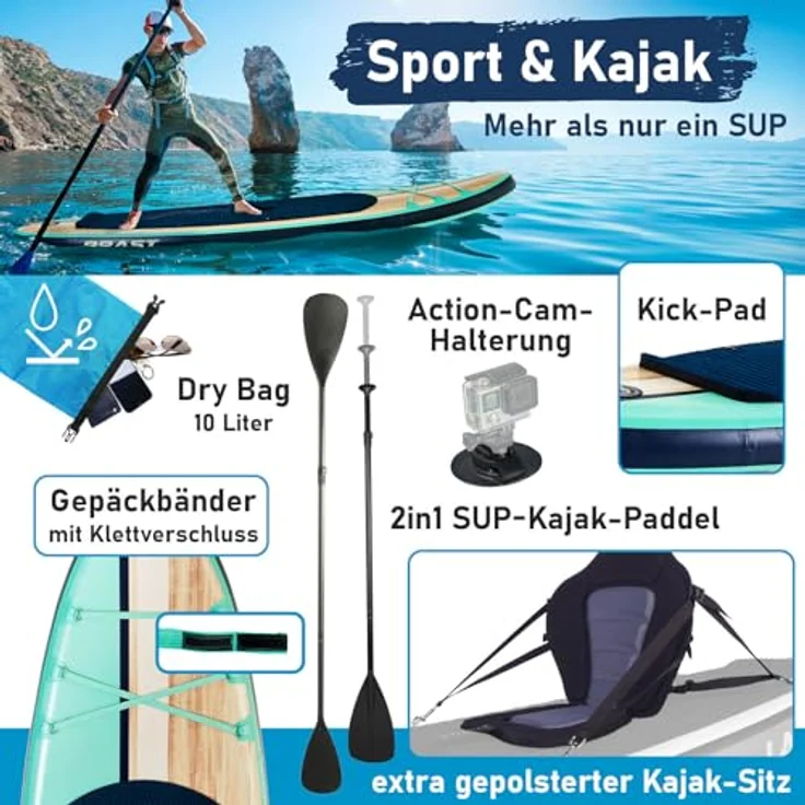 BRAST SUP Board Shark, aufblasbares Stand-Up-Paddle Set, 320x81x15cm, 8 Designs, inkl. 2in1 Paddel und Kajak-Sitz, 5 Jahre Garantie – Bild 5