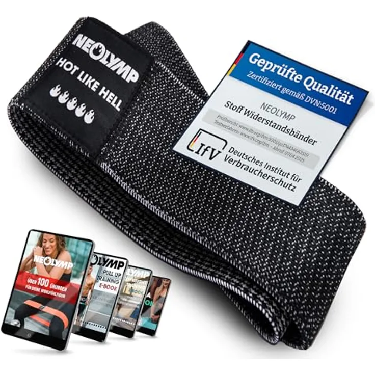 NEOLYMP Kurze Fitnessbänder Stoff, waschbare Resistance Bands mit Fitness Trainingsprogramm E-Book, Widerstand 15-20 kg, schwarz
