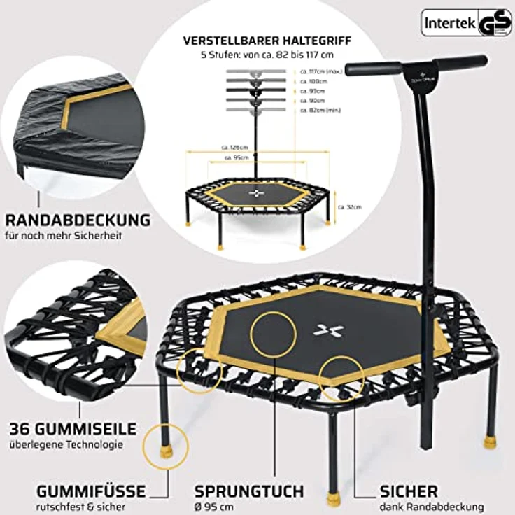 SportPlus Fitness Trampolin für zuhause, mit Haltestange (5-Fach höhenverstellbar), weiche Gummiseilfederung, sehr leise & bis 130 kg belastbar – Bild 5