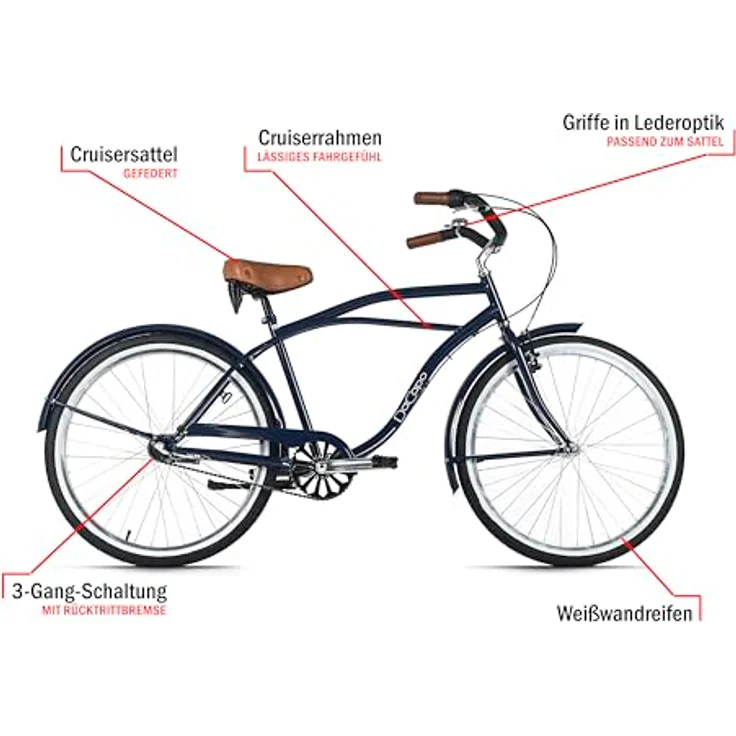 DACAPO Beachcruiser Herren 26", California Blau, 3 Gänge, V-Brakes, empfohlen für Körpergröße 150-185 cm – Bild 4