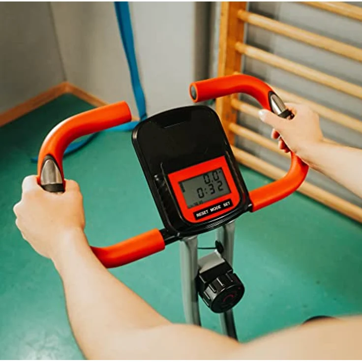 Fjoerdesports Senioren Heimtrainer, faltbarer Fahrradtrainer, Heimtrainer, Fitnessfahrrad LCD Trainingscomputer, klappbarer Hometrainer, inklusive Pulsmessung, 8 Widerstandsstufen (Schwarz-Rot) – Bild 5