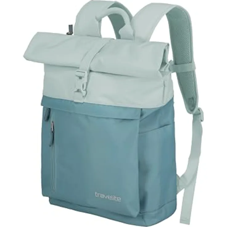 Travelite Rucksack BASICS, Handgepäck 15,6 Zoll Laptop Rucksack mit Rolltop Funktion, 60 cm, 35 Liter, Ice Blue
