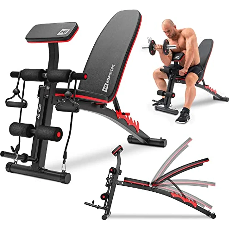 HS Hop-Sport Multifunktions Hantelbank HS-1035 mit Curlpult - verstellbare Trainingsbank in einzigartigem Design mit dickem Polster - perfekt für Bankdrücken oder Ganzkörpertraining – Bild 1