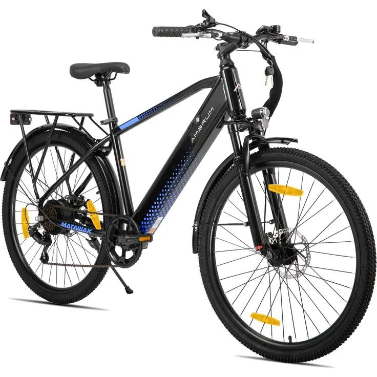 Hiland 26 Zoll E-Mountainbike AMBRUM, 250W Motor, 7 Gänge, mechanische Scheibenbremse, 10,4Ah Akku, Schutzbleche, Gepäckträger, für Erwachsene, mit integrierten Lichtern, in Gelb
