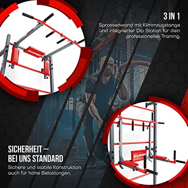 K-Sport: Trainingsset Sprossenwand + Dip Station, Klimmzugstange & Trainingsbank I Kraftstation mit Pull-Up Bar, Dip Stange & Hantelbank, inkl. E-Book – Bild 3