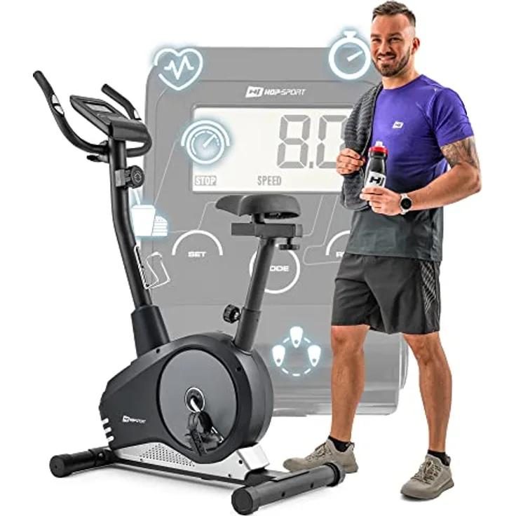 Hop-Sport Spark Heimtrainer Fahrrad - Fitnessgerät für Zuhause mit Pulssensoren & Computer, 8 Widerstandsstufen, Schwungmasse 9 kg - Fitnessbike für EIN max. Nutzergewicht von 120kg Silber
