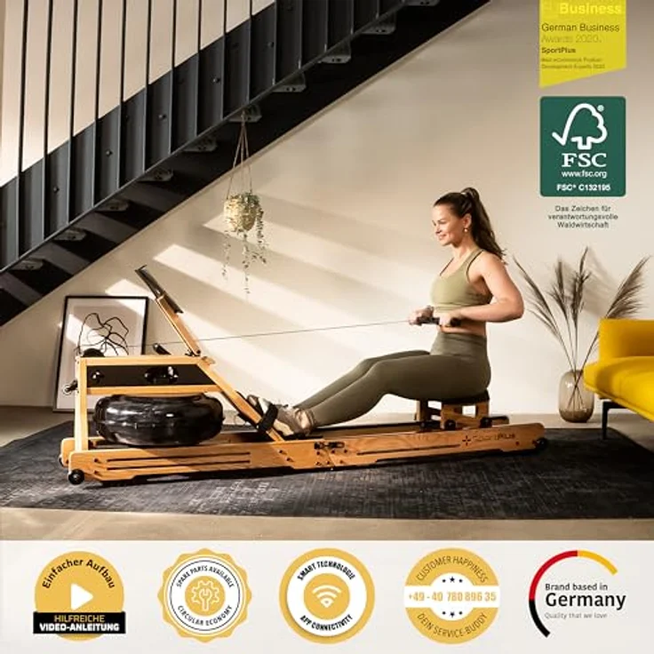SportPlus Wasser-Rudergerät klappbar für zuhause aus Natur-Massivholz (Eiche), Holz-Rudergerät mit Trainingscomputer, Rudermaschine mit Tablethalterung für Ausdauertraining, Rowing Machine – Bild 2