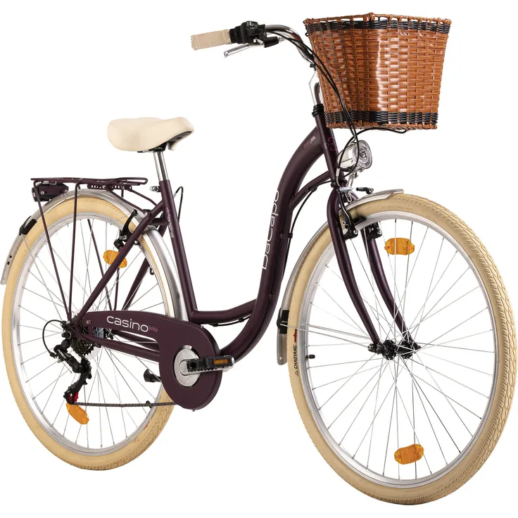 DaCapo DaCapo Damenrad 28'' Casino 6 Gänge RH 48 cm mit Korb, Aubergine-Cremefarben, SHIMANO 6-Gang-Schaltung, Retro-Look