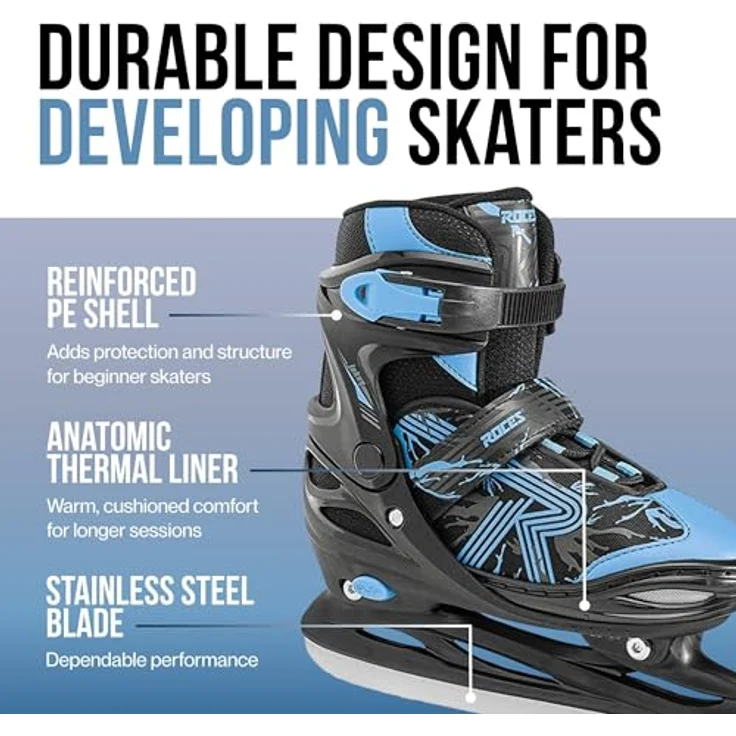 ROCES Jokey Ice 3.0, verstellbare Schlittschuhe für Kinder, schwarz-Astro Blau, Größe 26/29, anatomisch gepolstert, mit schnürverschluss und Velcro-Ristband – Bild 3