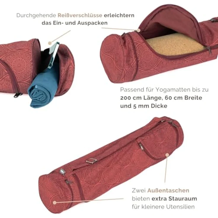 Bodhi Yogatasche ASANA Bag Cotton | Maharaja Collection | Yogamattentasche für Yogamatte & Zubehör | inkl. Außentaschen | 60 cm | Mayuri/dunkelrot – Bild 3
