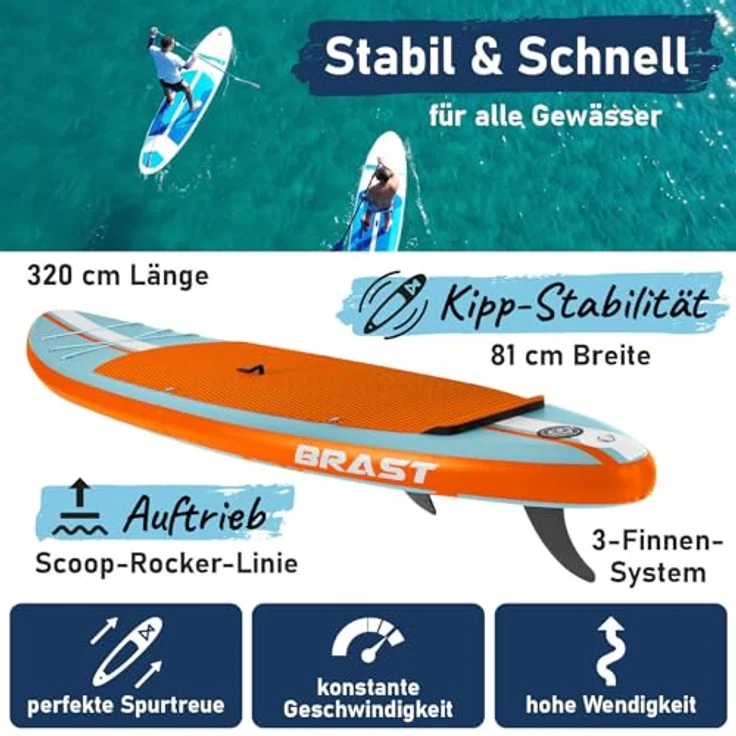 BRAST SUP Board Shark, Aufblasbares Stand up Paddle Set 320x81x15cm, hohe Stabilität, 8 Designs, 5 Jahre Garantie, inkl. Kajaksitz, 2in1 Paddel, Action-Cam-Halterung, Fußschlaufe, Pumpe, Rucksack – Bild 2