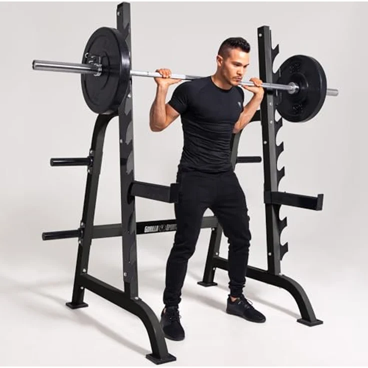GORILLA SPORTS® Squat Rack, Kniebeugenständer mit Hantelscheibenständer, 9 Ablagen, max. 300 kg, aus Stahl, grau, 162,5 x 115 x 186 cm – Bild 4