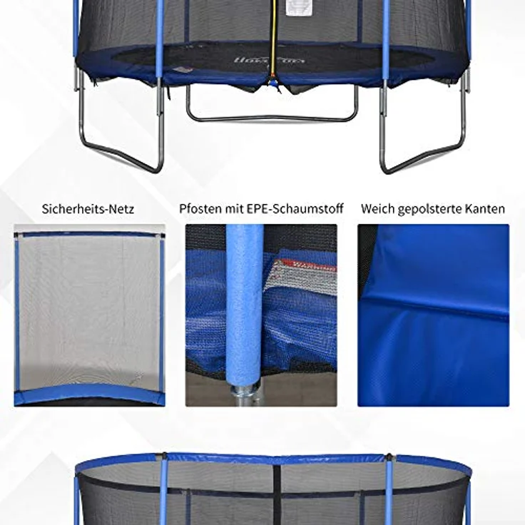 HOMCOM Trampolin mit Sicherheitsnetz Gartentrampolin für Innen- und Außenbereich Fitnesstrampolin für Kinder und Erwachsene Stahl Blau+Schwarz bis 113,6 kg Ø305 x 248H cm – Bild 4