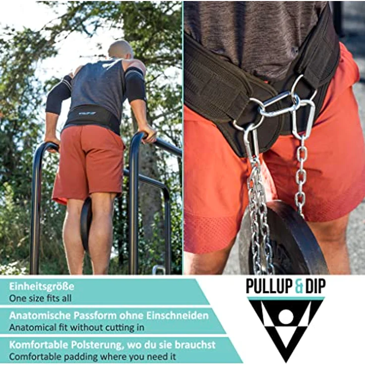 PULLUP & DIP Gürtel mit Kette und 3x Karabiner, Dip Gürtel inkl. Neopren Klappen als Kleiderschutz, Gewichtsgürtel, Weighted Belt, Klimmzug Gürtel für Calisthenics, Kraftsport, Bodybuilding – Bild 5