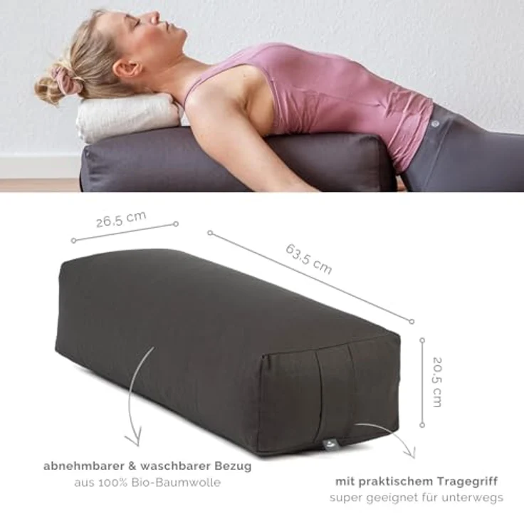 Bodhi Yoga Salamba Bolster Eco | Waschbarer Bezug aus 100% Bio-Baumwolle | Yogarolle eckig mit Bio Dinkelfüllung | Yogakissen groß für Restoratives Yoga | Maße: 63,5 x 26,5 x 20,5 cm (anthrazit) - Preisvergleich – Bild 3