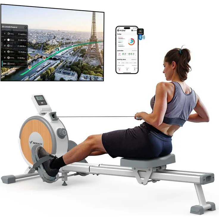 Merach Bluetooth Rudergerät, magnetisch mit 16 Widerstandsstufen, Doppelschienen, App-Steuerung, Tablet-Halter, vertikal klappbar, bis 158 kg