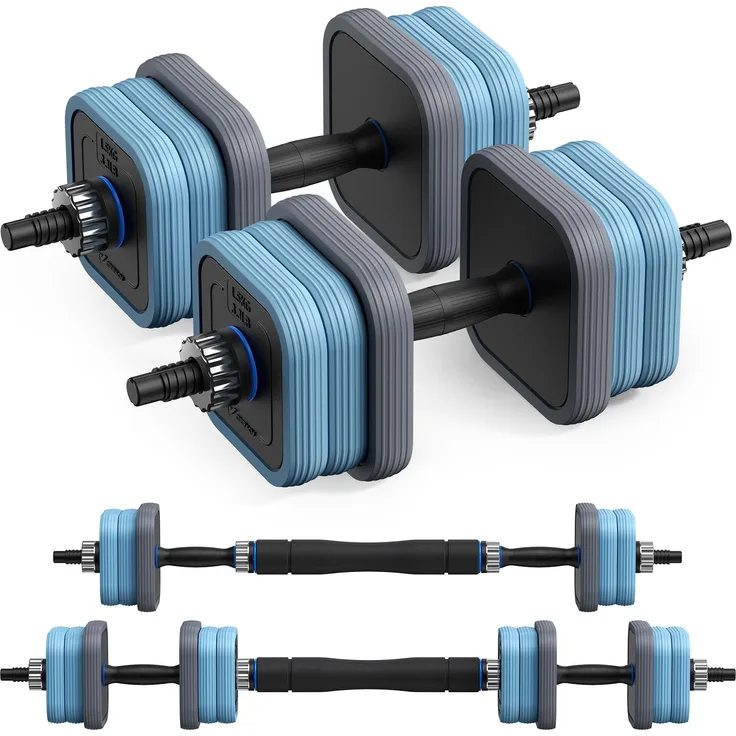 Merach 3-in-1 verstellbares Hantel-Set, Kurzhantel & Langhantel mit quadratischen Scheiben, doppelte Sicherheitsmutter, rutschfeste Griffe, geräuscharm, 20 kg