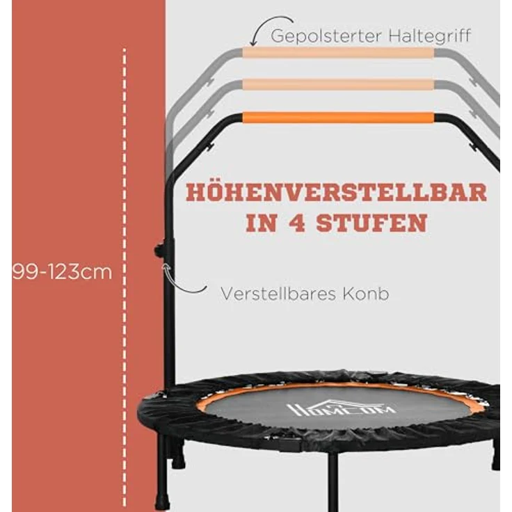 HOMCOM 102 cm Fitness-Trampolin, Faltbares Mini-Trampolin mit höhenverstellbarem Haltegriff, Belastbarkeit bis 100 kg, Schwarz+Orange – Bild 3