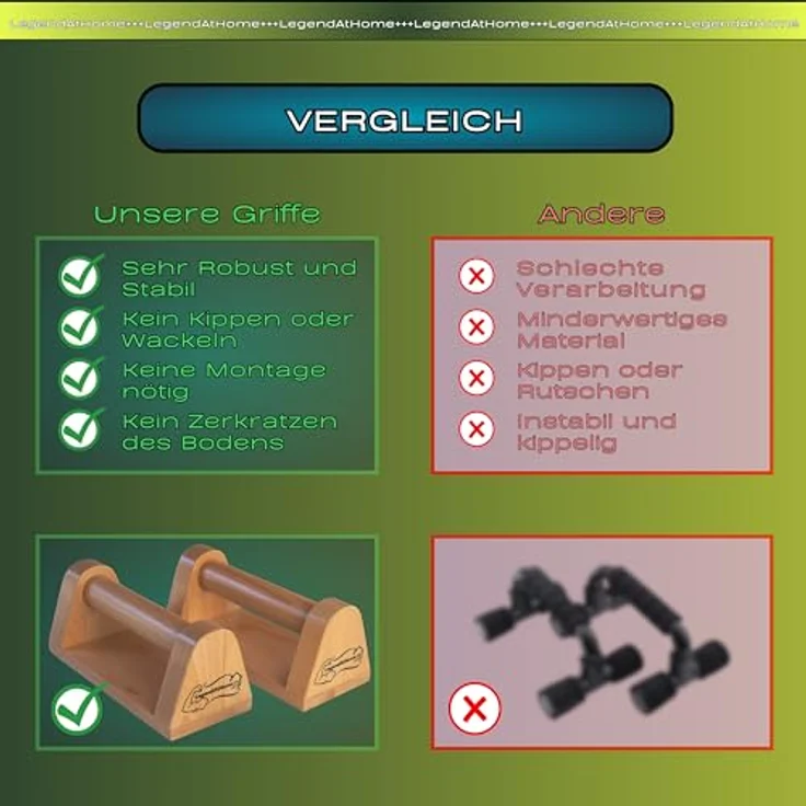 LegendAtHome Liegestützgriffe - Parallettes für extra stabile und gelenkschonende Push Ups - Zuhause oder unterwegs - Dip Barren ideal für Calisthenics - Buchenholz - Telefonhalter inklusive – Bild 5