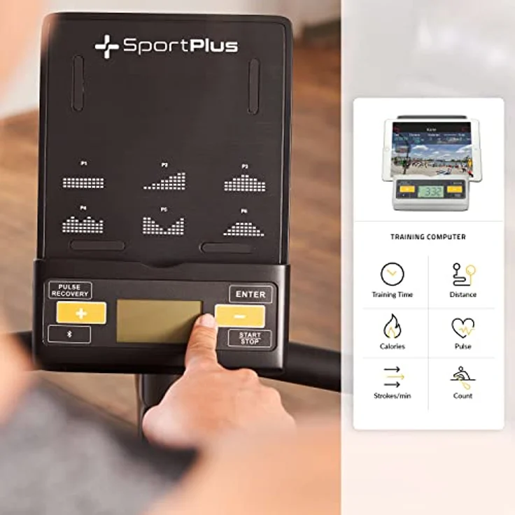 SportPlus Liegeheimtrainer für zuhause mit App-kompatibilität, 24 Stufen & 6 Trainingsprogramme, rutschfeste Pedale, mit Display & Tablethalterung, bis 110 kg – Bild 5