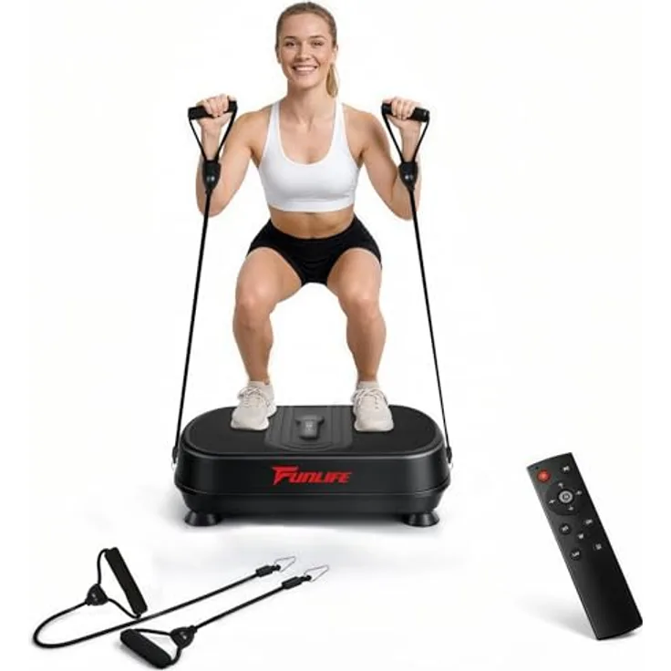 Funlife V6 Vibrationsplatte, 120kg, 120 Stufen & 5 Programme, Fitnessplatte mit Trainingsseilen & Bluetooth, kompakt & leise für Heimtraining