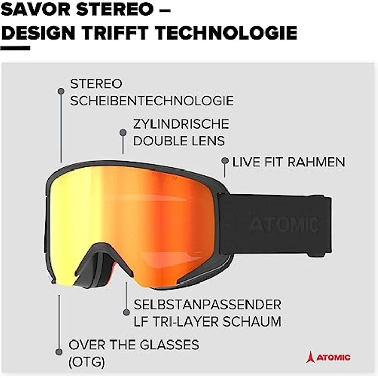 ATOMIC SAVOR STEREO Skibrille, Over The Glasses-kompatibel, schwarze zylindrische Doppelscheibe, klare Sicht & Blendschutz, Live Fit Rahmen mit Tri-Layer Schaum – Bild 2