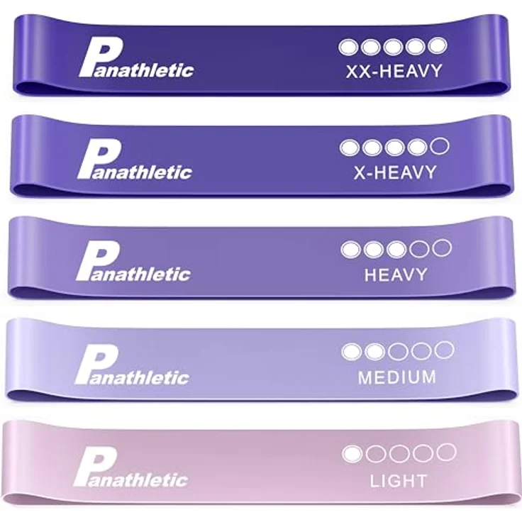 Panathletic Fitnessbänder 5er Set, 5 verschiedene Stärken, hochwertiges Naturlatex, Übungsanleitung und E-Book auf Deutsch, Tragebeutel – Bild 1