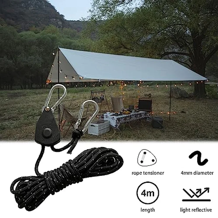 Tceapoo 4 Stück Reflektierende Abspannseile, 13ft/4M mit Seilspanner und Haken, Ø 4mm, für Zelt, Camping und Outdoor-Aktivitäten – Bild 2