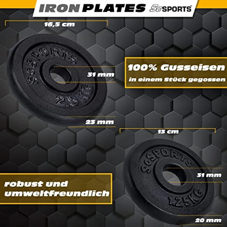 ScSPORTS® Kurzhanteln - 2er Set, 20 kg, mit Koffer, inkl. 8 Gewichte (4 x 2,5kg und 4 x 1,25kg), ⌀ 30/31 mm, Gusseisen, Sternverschlüsse - Kurzhantelset, Hantelset, Kurzhantel, Home Gym, Fitness – Bild 5