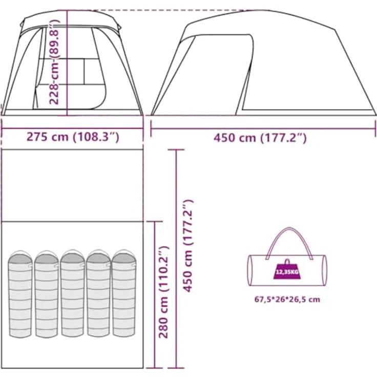 vidaXL Campingzelt mit Vorzelt 5 Personen, blau, wasserdicht, leicht, mit abnehmbarem Überzelt und E-Anschluss – Bild 3