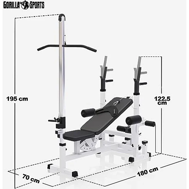 GORILLA SPORTS® Kraftstation Universal - Trainingsbank mit Latzugturm, Butterfly, Beincurler, Weiss – Bild 2