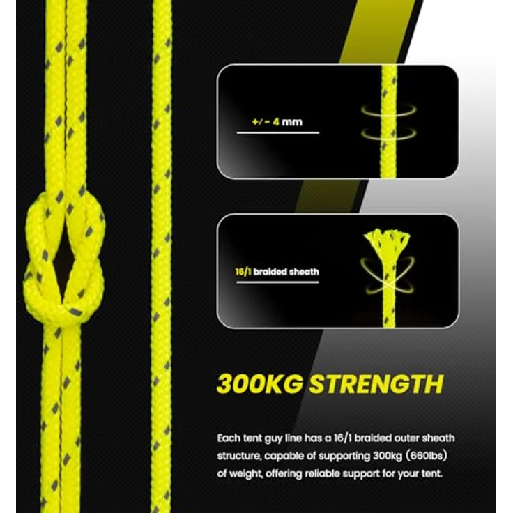 Abma Cord Abspannseile Zeltschnur 30M mit 6 Seilspanner, 4mm Durchmesser, reflektierende Neon Gelb, 300 KG Bruchlast, für Zelte und Camping – Bild 2