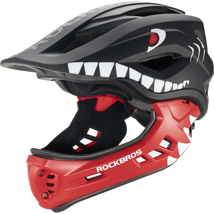 Rockbros TT-32005 Shark Kinderhelm, Fahrradhelm mit abnehmbarem Kinnschutz, 54-58 cm, schwarz