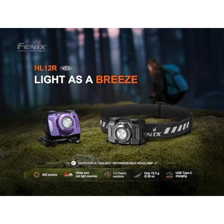 Fenix HL12R V2.0, Lila Wiederaufladbare Outdoor Stirnlampe mit 500 Lumen, 125 m Reichweite, 112 Stunden Akkulaufzeit, IP66, mit weißem und rotem Strahl – Bild 2