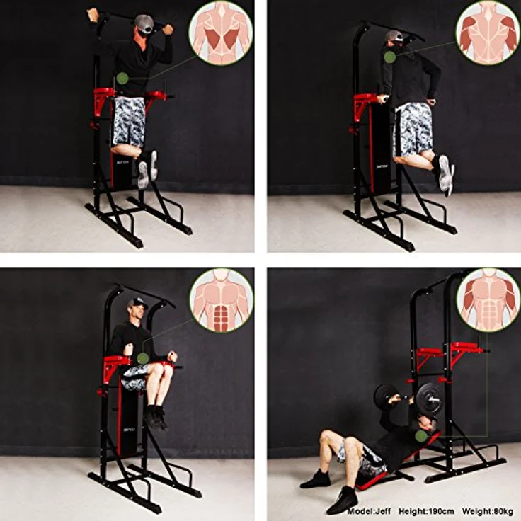 CCLIFE Power Tower Dip Station, Multifunktions-Krafttrainingsgerät mit verstellbarer Ablage, schwarz/rot – Bild 2