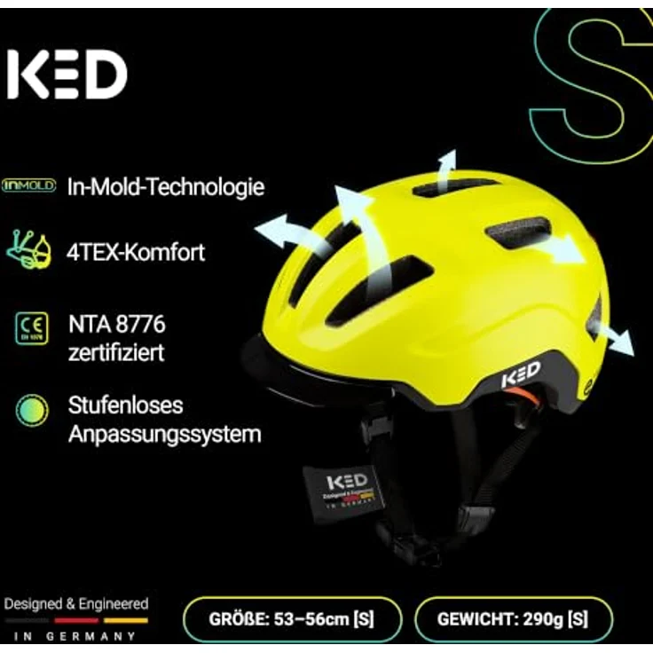 KED Ahead Pedalon E-Bike Fahrradhelm, mit LED-Rücklicht, Maxshell-Technologie, superleicht, Pedalon Yellow Green Matt, Größe 53-56 (S) – Bild 8