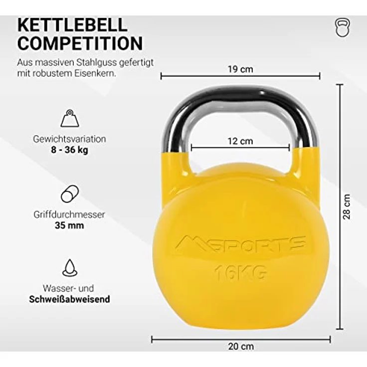 MSPORTS Kettlebell Competition 16 kg | Professional Studio Qualität | inkl. Übungsposter | Wettkampf Kugelhantel, Metallkern, Farbauswahl verfügbar – Bild 2