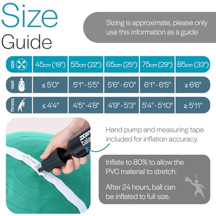 Core Balance Gymnastikball, berstsicher, 55cm 65cm 75cm 85cm, inkl. Luftpumpe und E-Book für Fitness, Yoga und Schwangerschaft – Bild 5