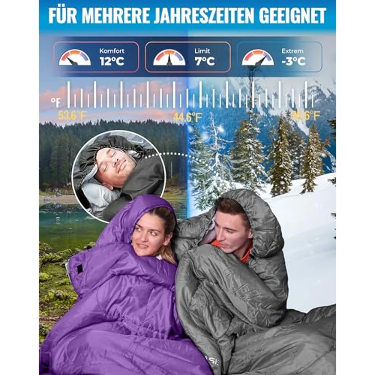 KingCamp Oasis Deckenschlafsack für Erwachsene, wasserabweisend, leichtgewicht, 3 Jahreszeiten, Violett, 220 × 75 cm – Bild 3