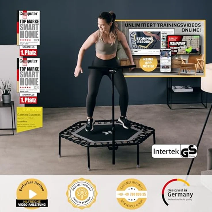 SportPlus| Newest Edition | Fitness Trampolin für zuhause, mit Haltestange (5-Fach höhenverstellbar), weiche Gummiseilfederung, sehr leise & bis 130 kg belastbar, anthrazit – Bild 3