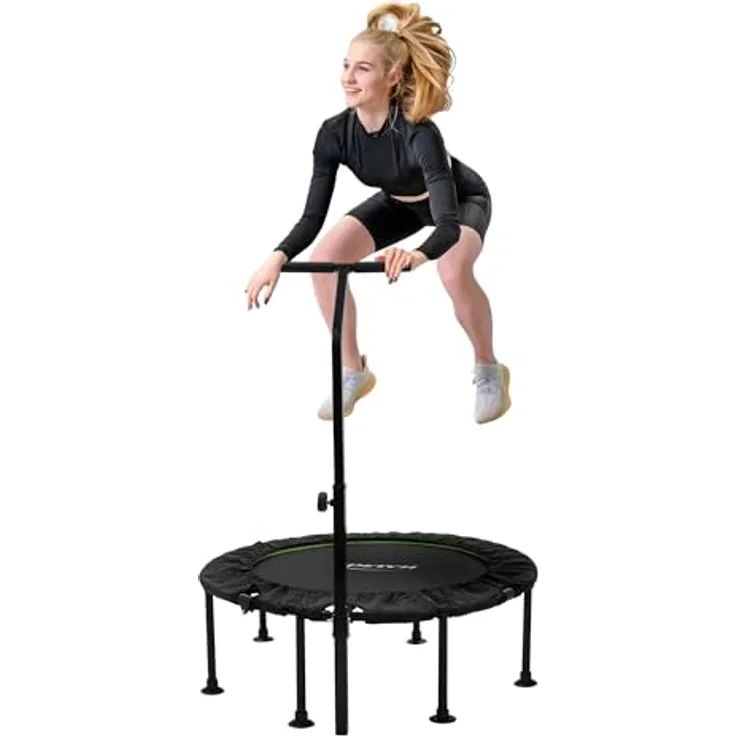 Hauki Fitness Trampolin Indoor Ø102 cm, faltbar in Grün, gelenkschonend mit höhenverstellbarem Haltegriff, leise und robust, bis 150 kg, ideal für Zuhause