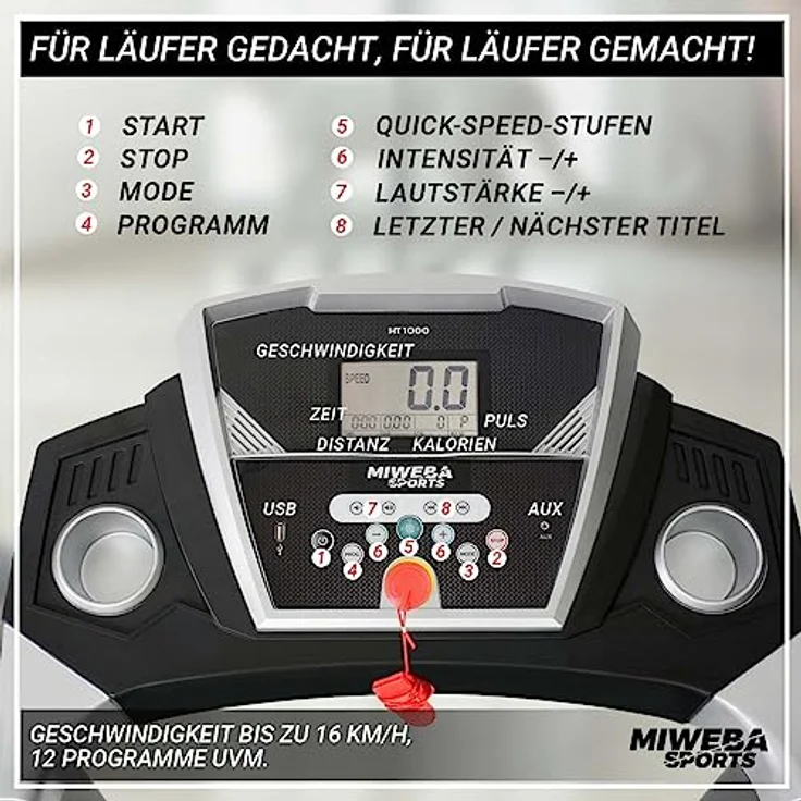 Miweba Sports elektrisches Laufband HT1000 | 3,5 PS - 16 Km/h - Incline 6% - Traglast 120 Kg - Klappbar - 12+4 Laufprogramme - Smartphone Tablet Halterung - Große Lauffläche (Schwarz) – Bild 3