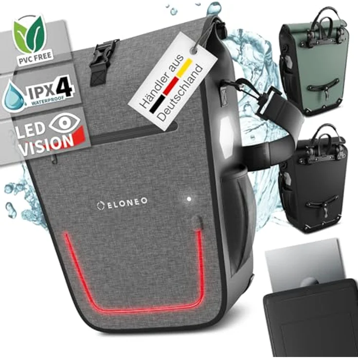 Eloneo Velotasche, 25 l Gepäckträgertasche mit gepolstertem Laptopfach, zuschaltbarer LED-Beleuchtung und Quick-Connect-System, wasserdicht nach IPX4 – Bild 1