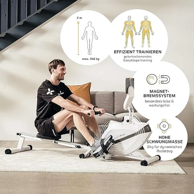 SportPlus Rudergerät für zuhause | Mit oder ohne Bluetooth, klappbar, leises Magnetbremssystem, 8 Widerstandsstufen, Schwungmasse 8kg, kugelgelagerter Rudersitz – Bild 2