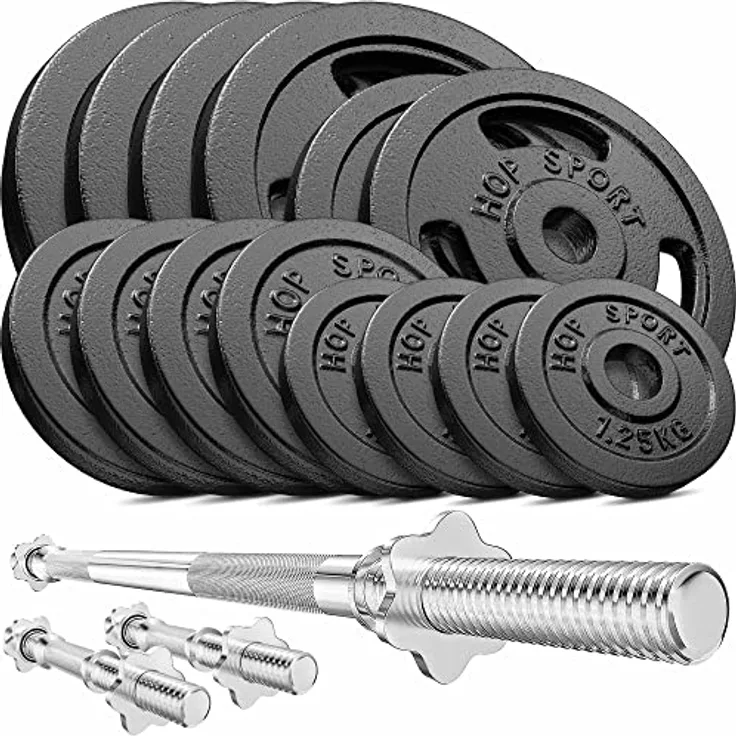 Hop-Sport Guss Hantelset mit Langhantelstange, Kurzhantelstangen und Gewichten, 1x Langhantel, 2X Kurzhantel, Set 39kg 59kg oder 79kg zur Auswahl (79kg)