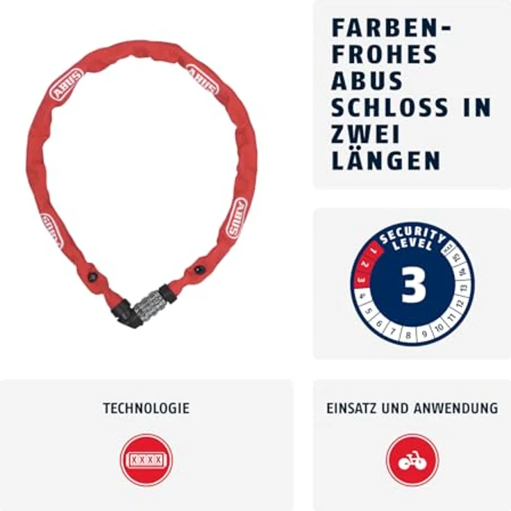 ABUS Kettenschloss 1200 Web, Zahlenschloss mit 3-stelliger Kombination, 60 cm, gehärteter Stahl, leichter Fahrradzubehör, Rot – Bild 2