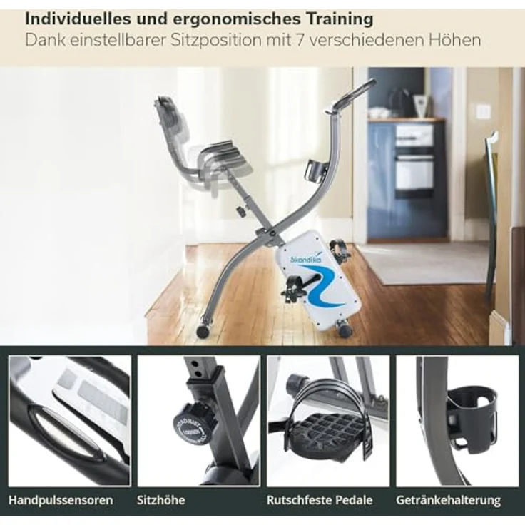 Skandika Foldaway X-2000 Fitnessbike zusammenklappbar mit Bluetooth, Tablet Halterung, Rückenlehne, Multifunktionscomputer, Handpulssensoren und 16-stufiger, computergesteuerter Widerstand – Bild 4