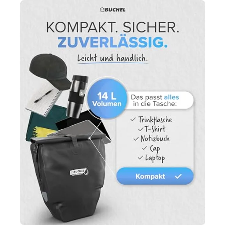 Büchel 14L Fahrradtaschen Gepäckträger 2er-Set, 100% wasserdicht mit Reflektoren, Schultergurt & Tragegriff, schwarz – Bild 3