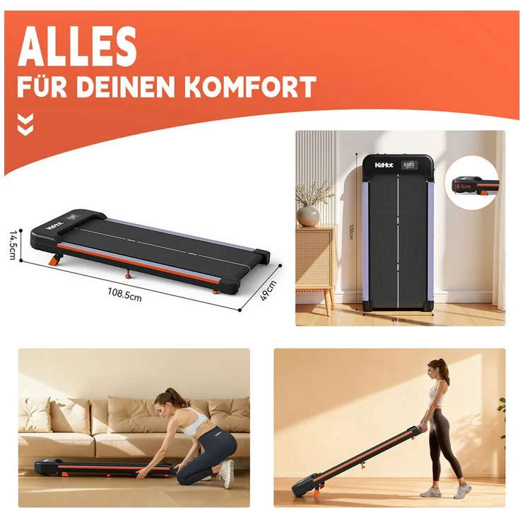 kehot Laufband mit 9 % Steigung, 2,5 PS Walking Pad (1–6 km/h, leise, kompakt, LED Display, Bluetooth App, Fernbedienung, 12 Programme), 40×95 cm Lauffläche, bis 100 kg, platzsparend verstaubar